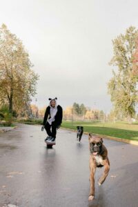 man skate boarding with dogs